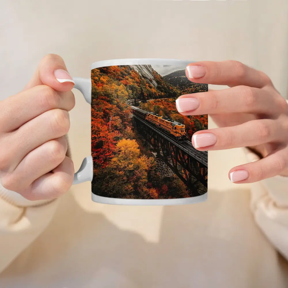 Yellow Train On Trestle Bridge Autumn Mountains – Mugs