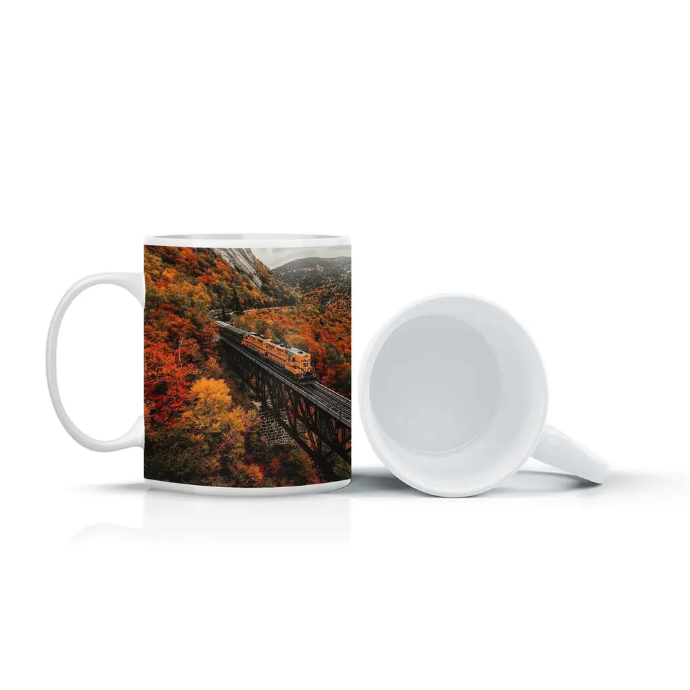 Yellow Train On Trestle Bridge Autumn Mountains – Mugs