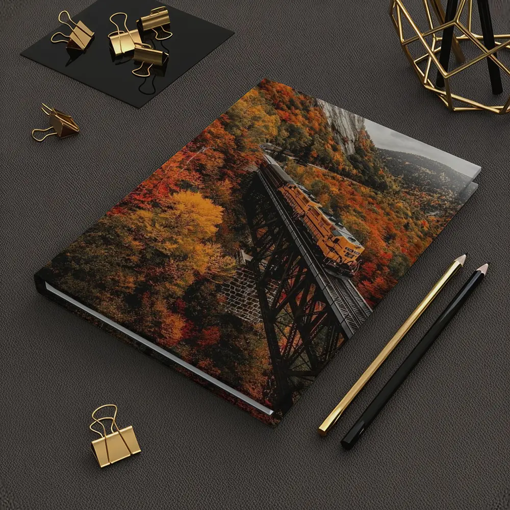 Yellow Train On Trestle Bridge Autumn Mountains – Notebooks