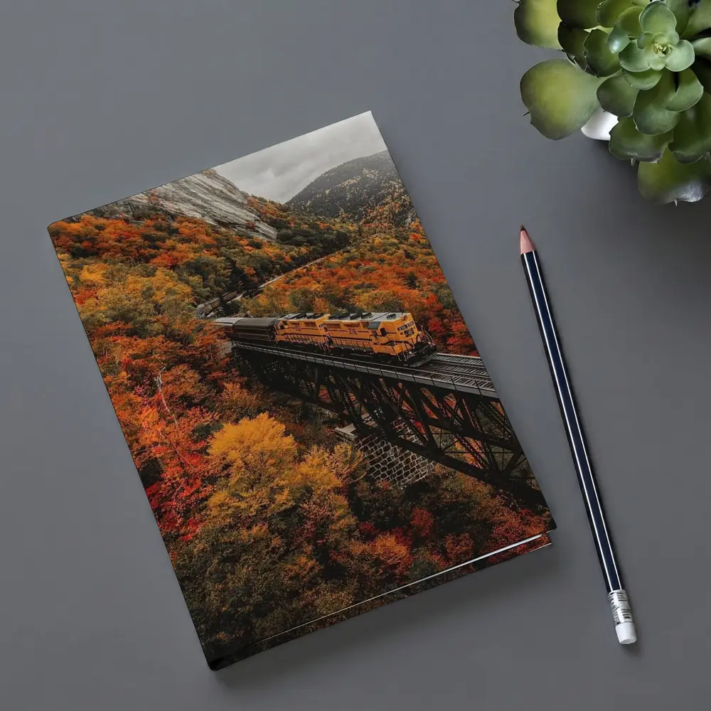 Yellow Train On Trestle Bridge Autumn Mountains – Notebooks