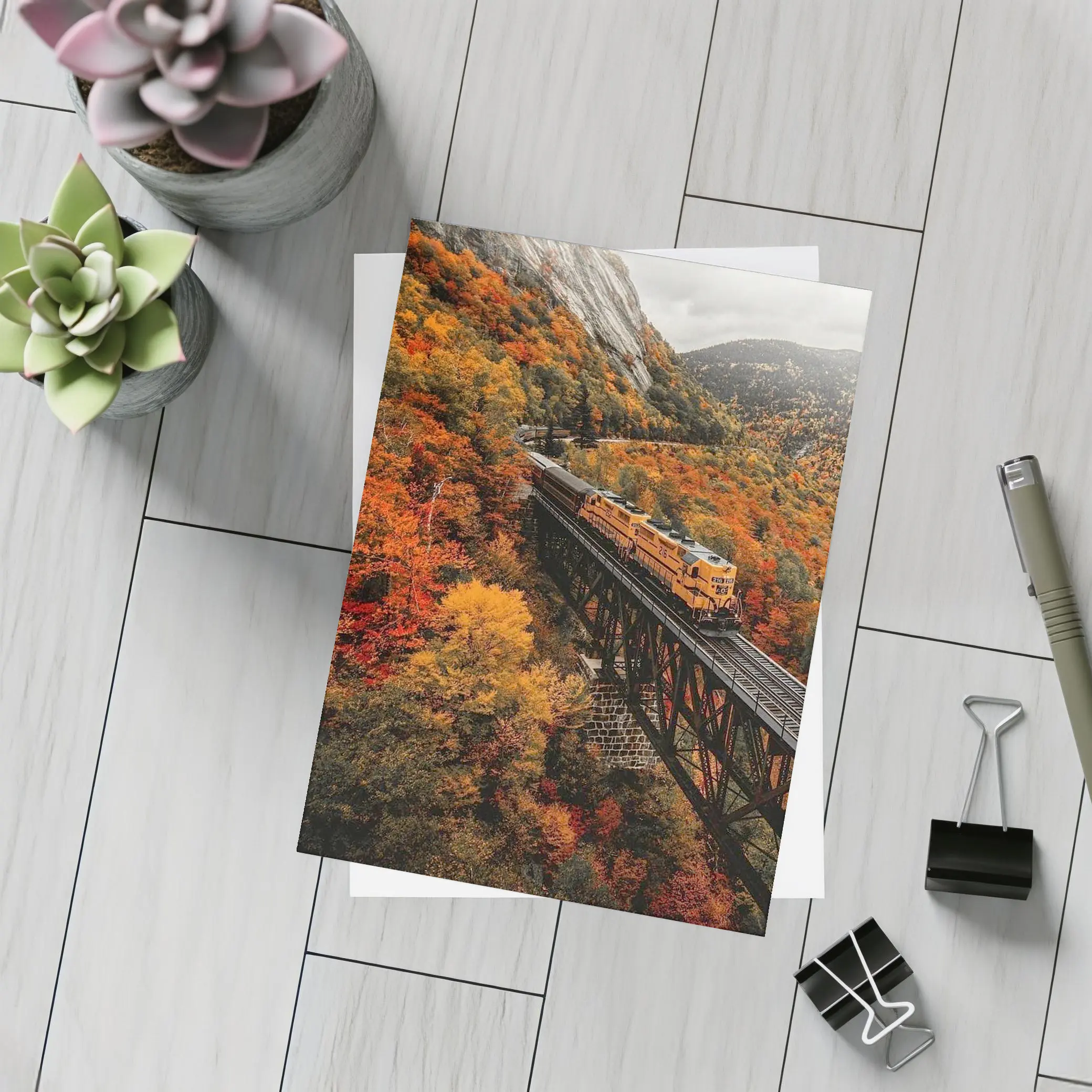 Yellow Train On Trestle Bridge Autumn Mountains – Postcards