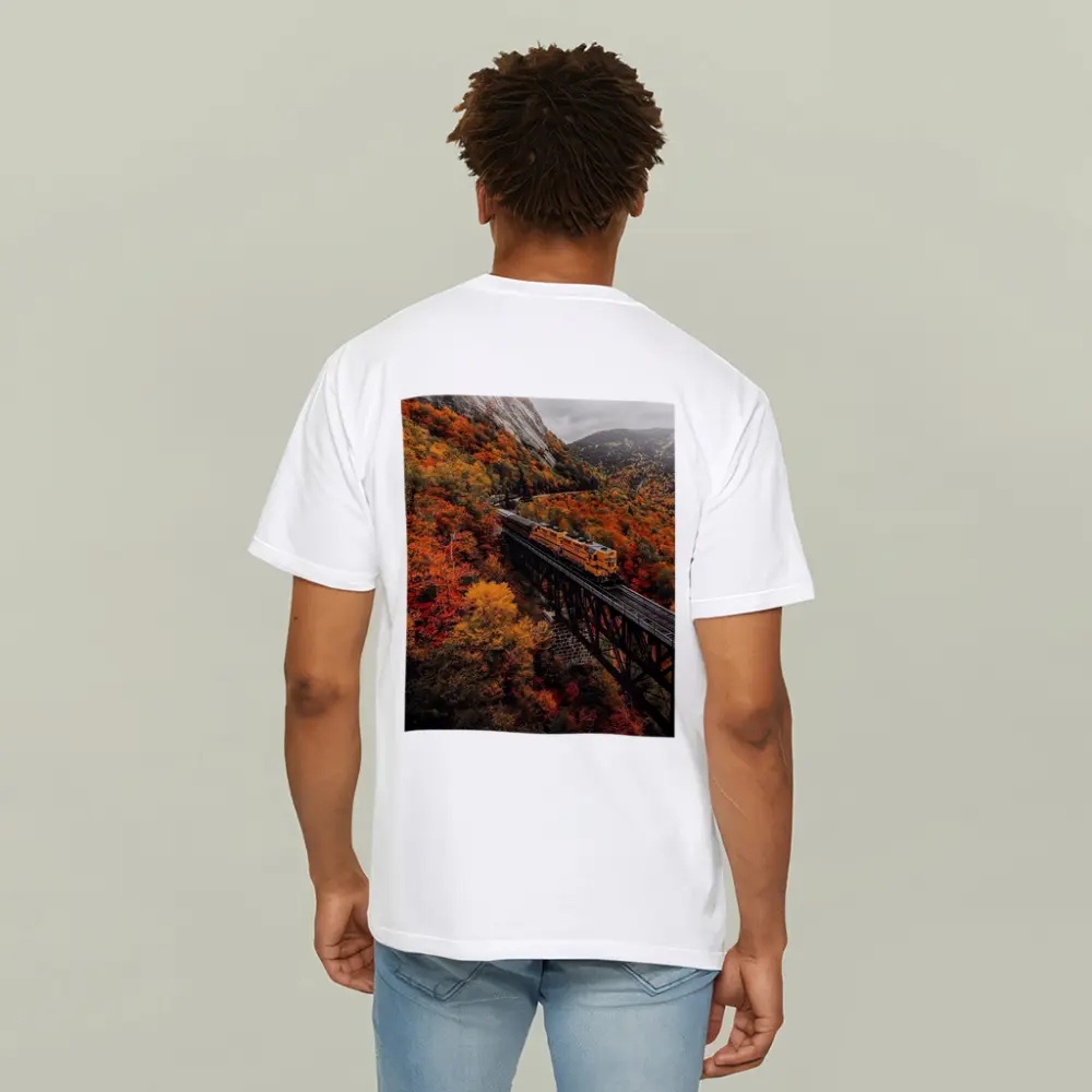 Yellow Train On Trestle Bridge Autumn Mountains – T-Shirts