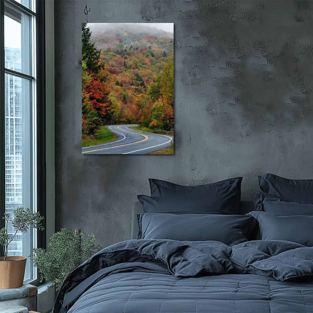 Winding Autumn Road Through Foggy Forest – Wall Art