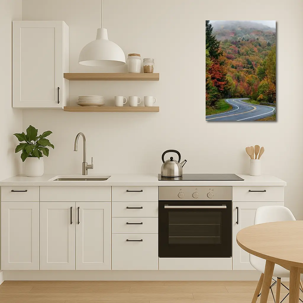 Winding Autumn Road Through Foggy Forest – Wall Art