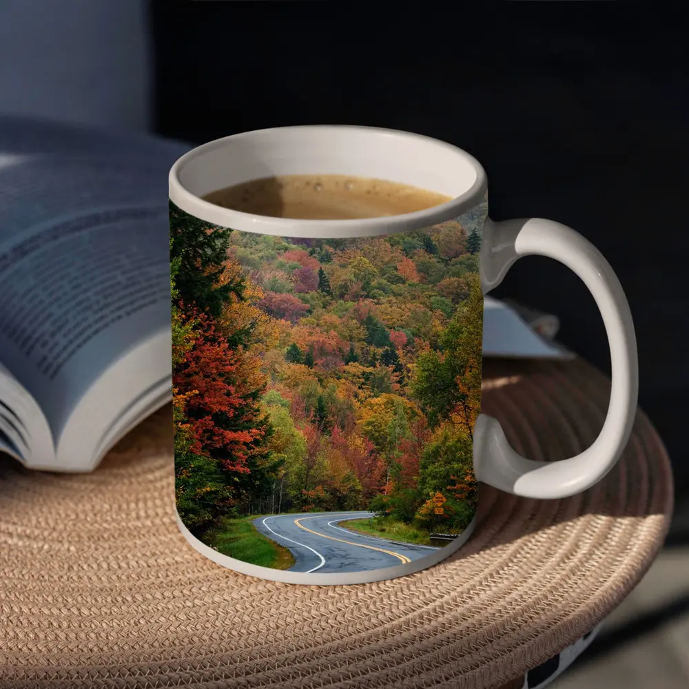 Winding Autumn Road Through Foggy Forest – Mugs