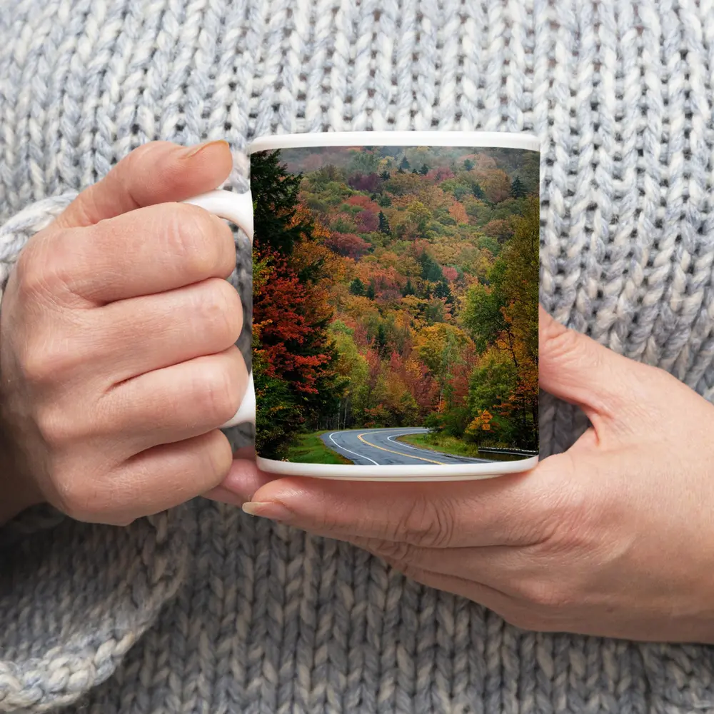 Winding Autumn Road Through Foggy Forest – Mugs