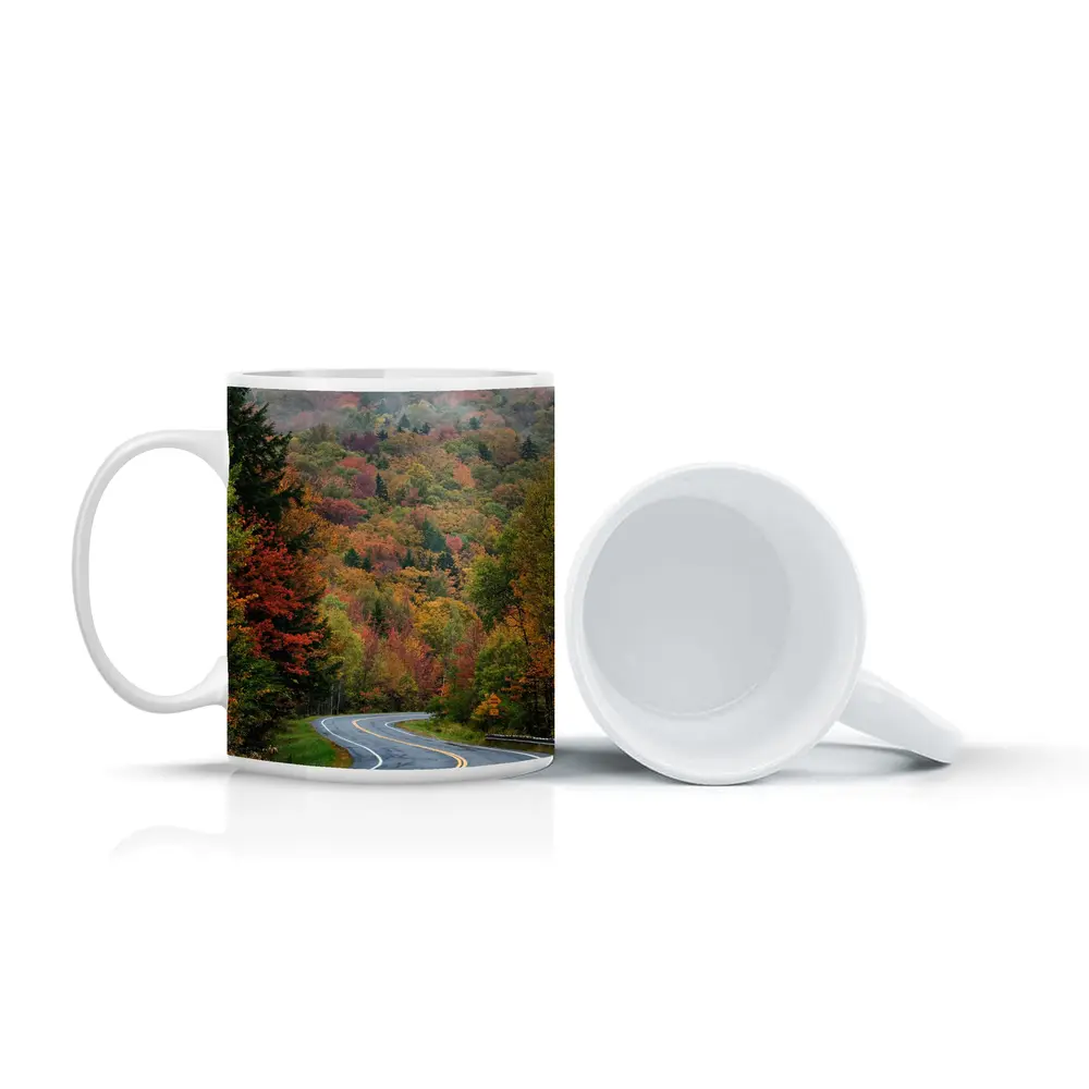 Winding Autumn Road Through Foggy Forest – Mugs