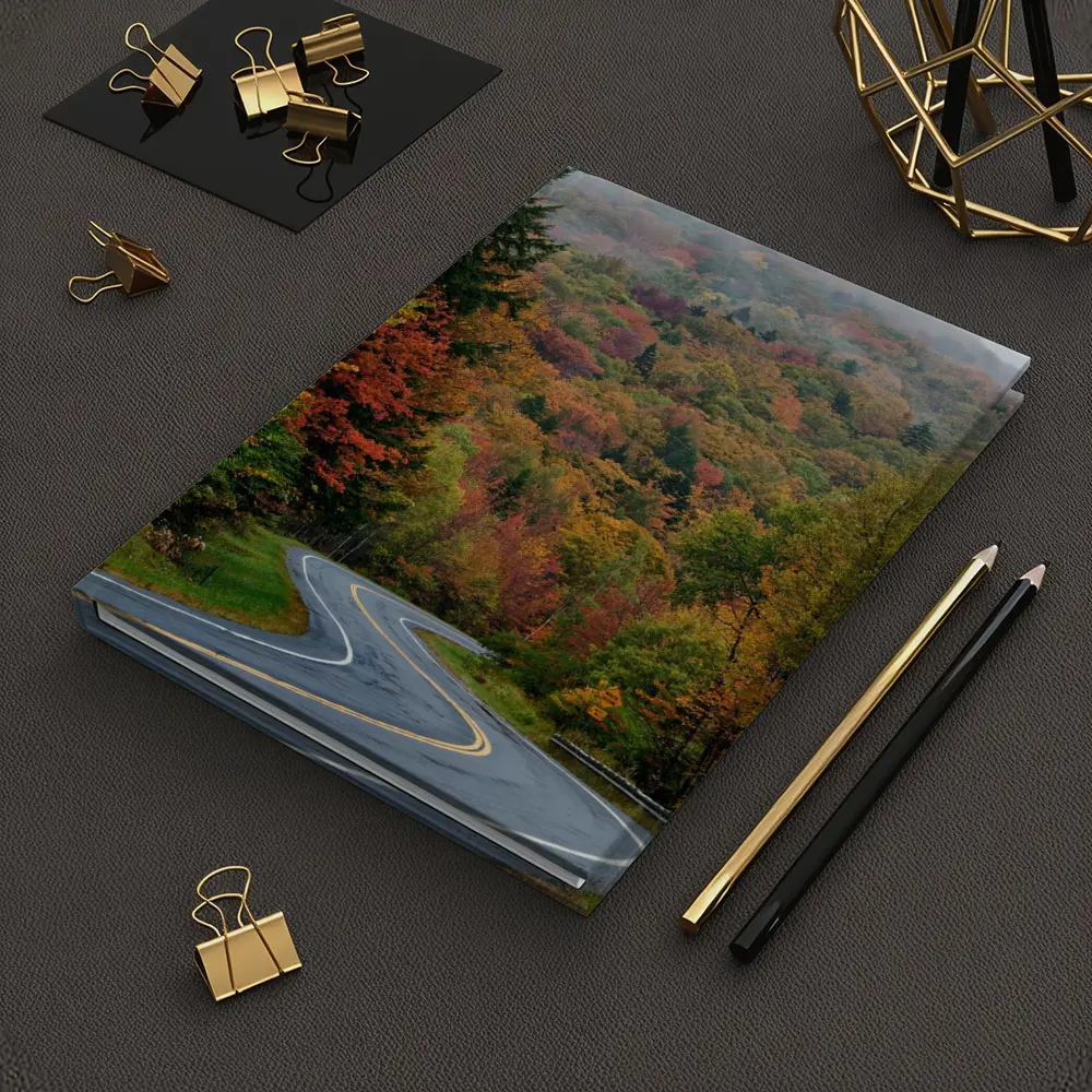 Winding Autumn Road Through Foggy Forest – Notebooks