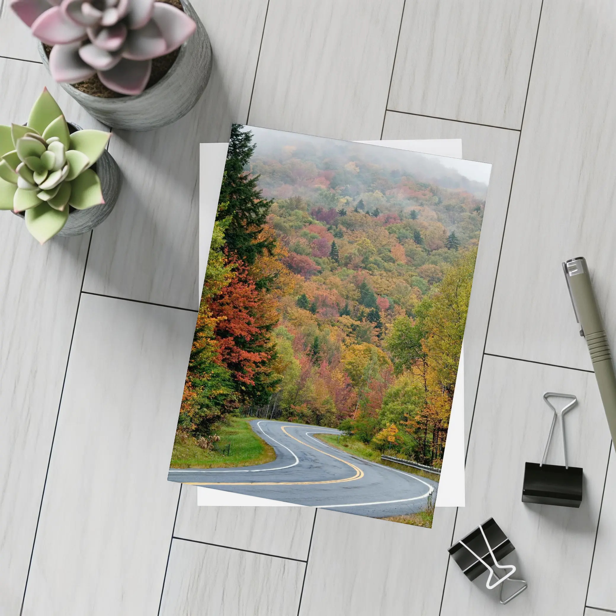 Winding Autumn Road Through Foggy Forest – Postcards