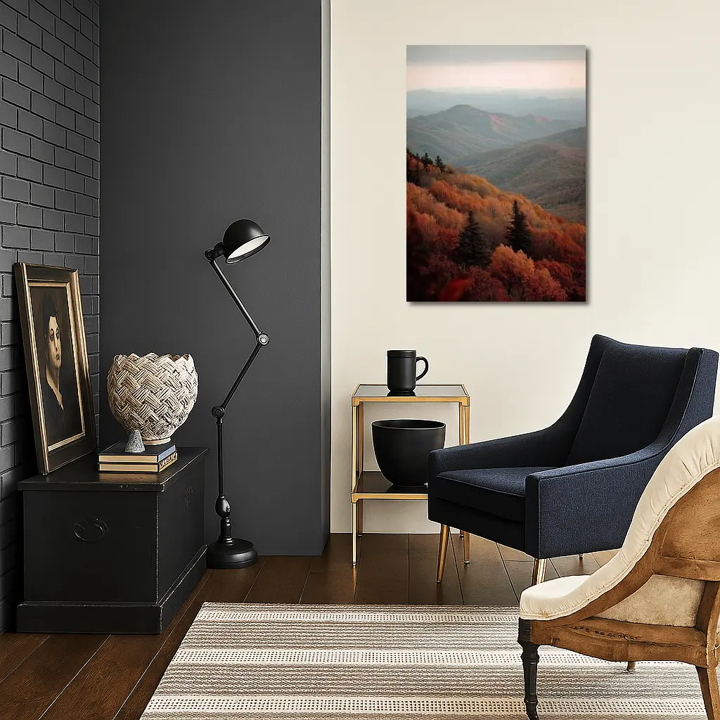 Autumn Mountain Forest Layers Misty Ridgeline – Wall Art
