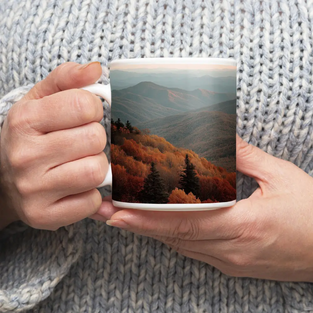 Autumn Mountain Forest Layers Misty Ridgeline – Mugs