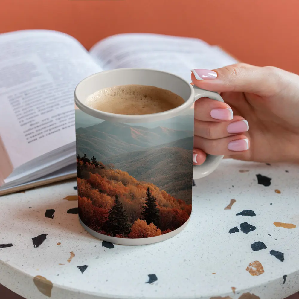 Autumn Mountain Forest Layers Misty Ridgeline – Mugs
