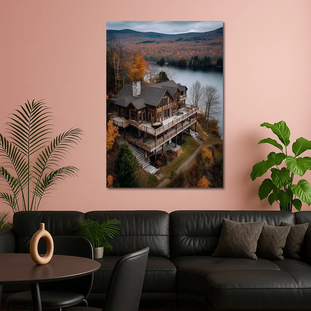 Luxury Lake House Autumn Forest Aerial View – Wall Art