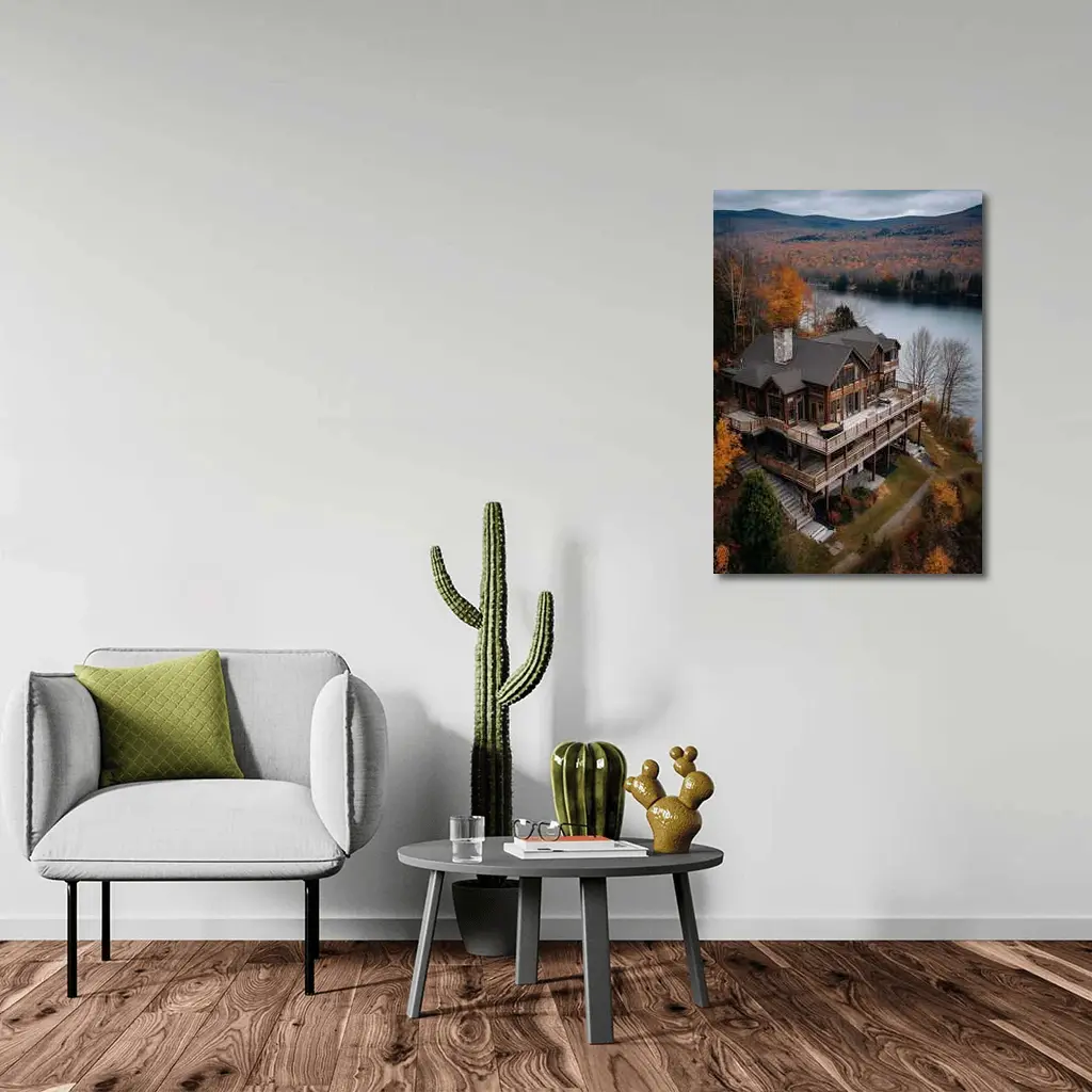 Luxury Lake House Autumn Forest Aerial View – Wall Art