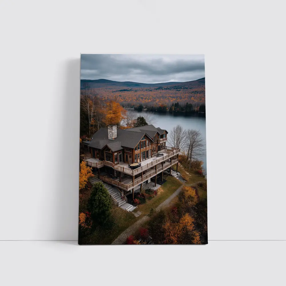 Luxury Lake House Autumn Forest Aerial View – Wall Art