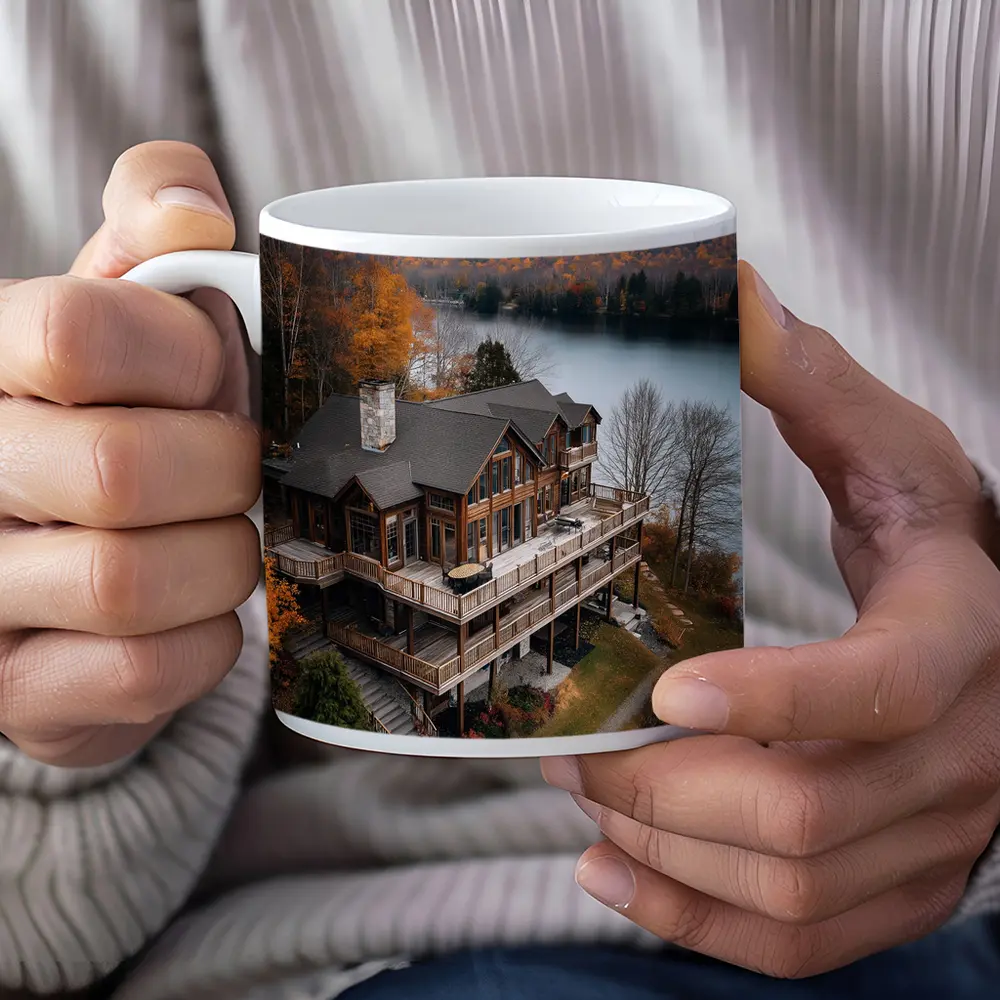 Luxury Lake House Autumn Forest Aerial View – Mugs