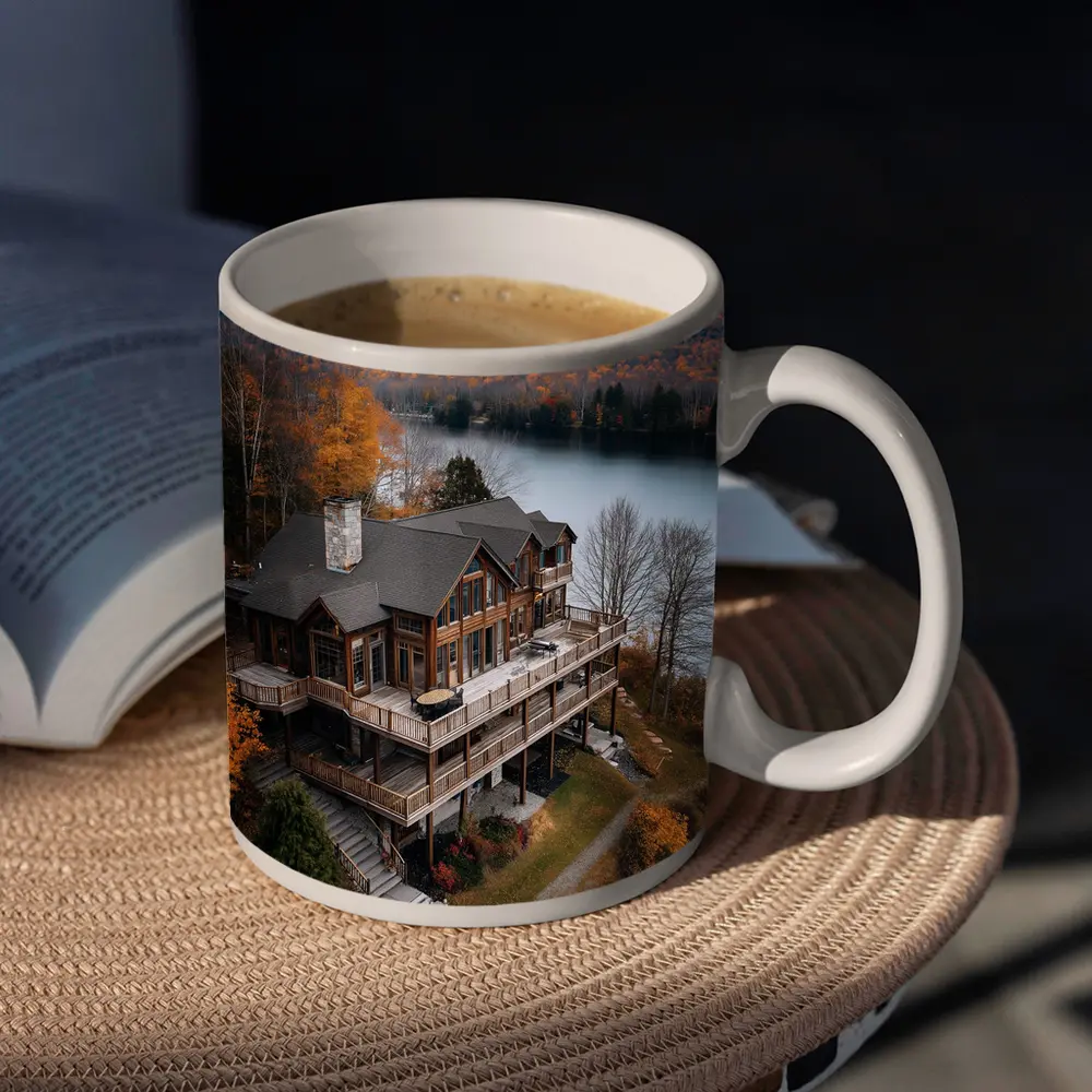 Luxury Lake House Autumn Forest Aerial View – Mugs