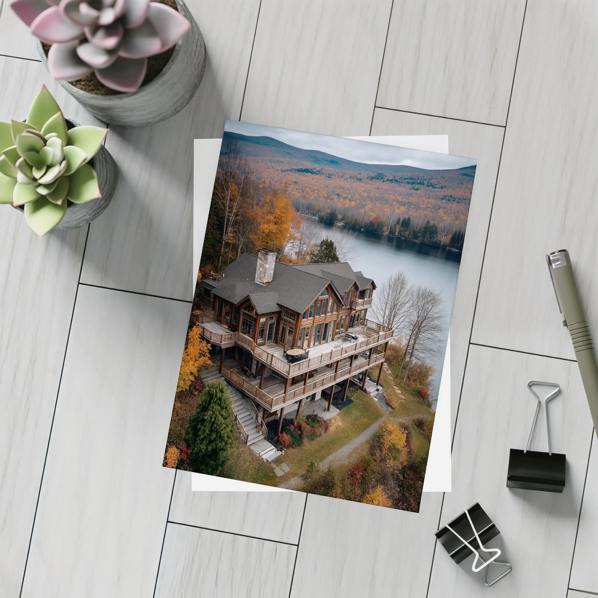 Luxury Lake House Autumn Forest Aerial View – Postcards