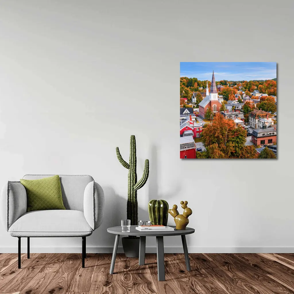 Vermont Town Aerial View Autumn Foliage – Wall Art