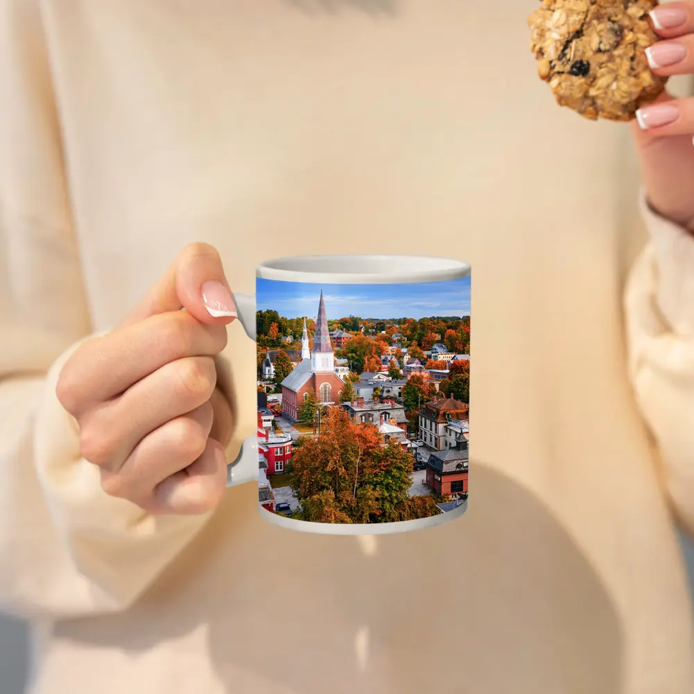 Vermont Town Aerial View Autumn Foliage – Mugs
