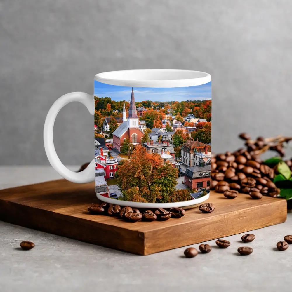 Vermont Town Aerial View Autumn Foliage – Mugs