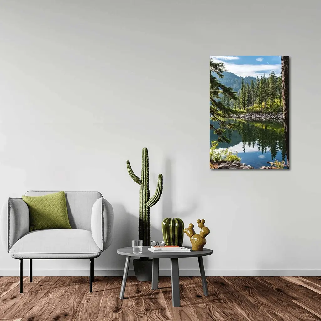 Alpine Lake Reflecting Pine Forest Mountains – Wall Art
