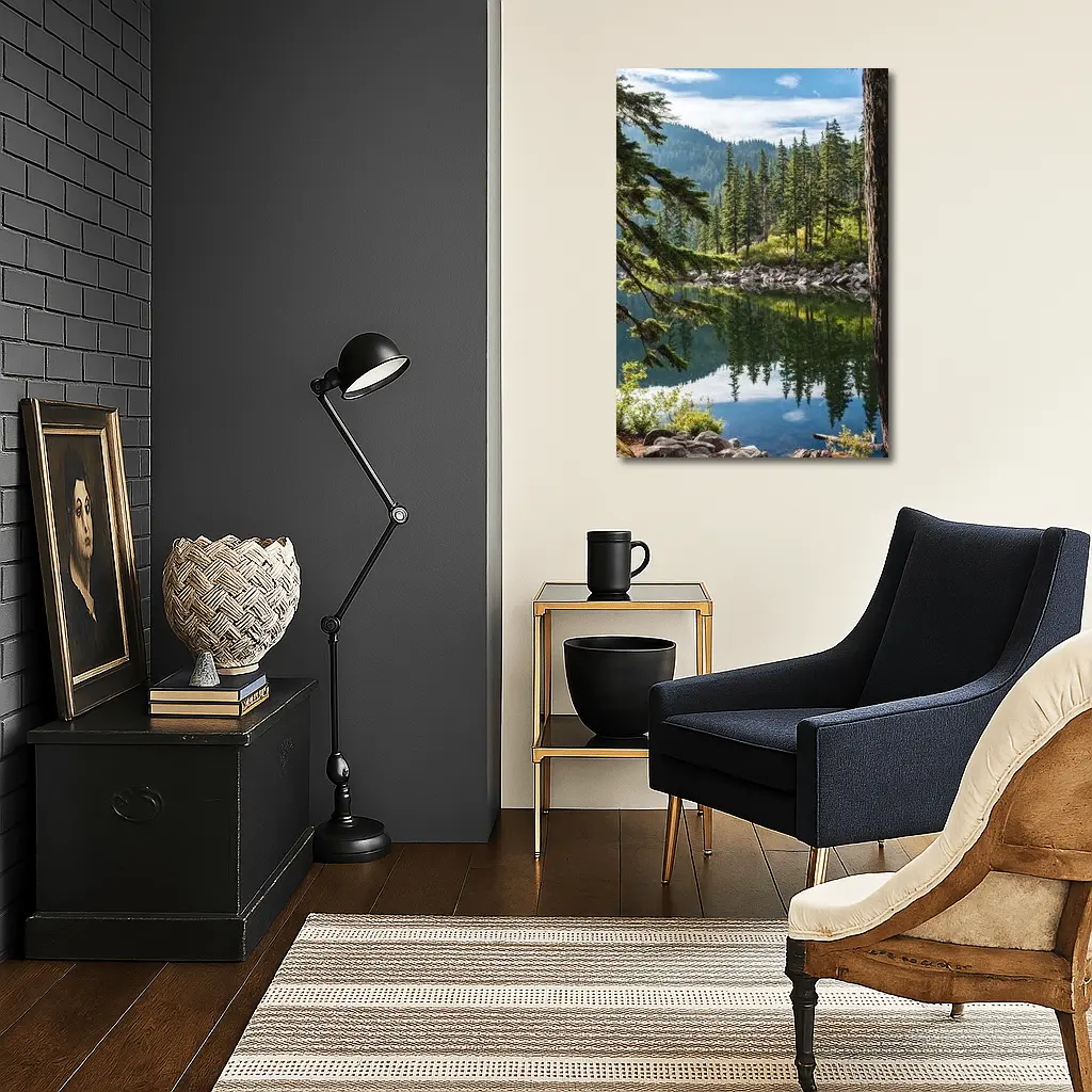 Alpine Lake Reflecting Pine Forest Mountains – Wall Art