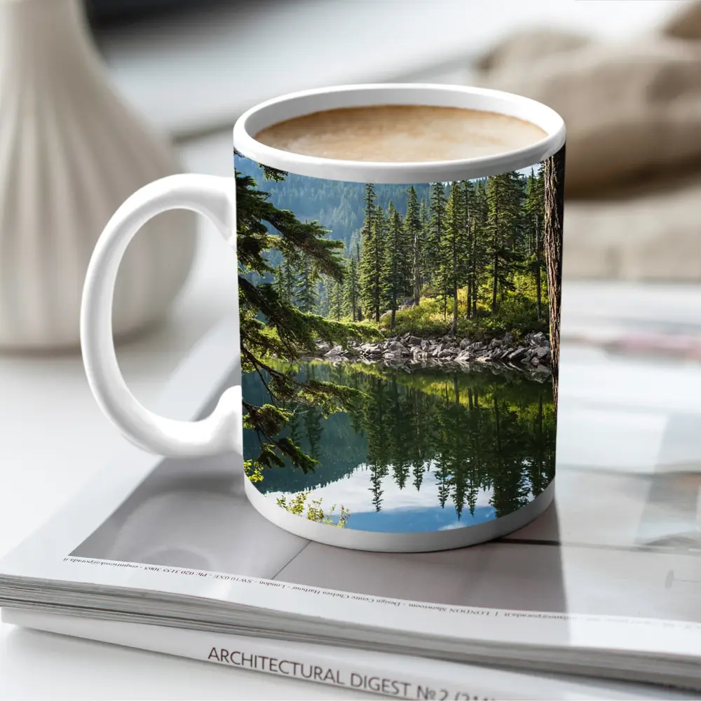 Alpine Lake Reflecting Pine Forest Mountains – Mugs