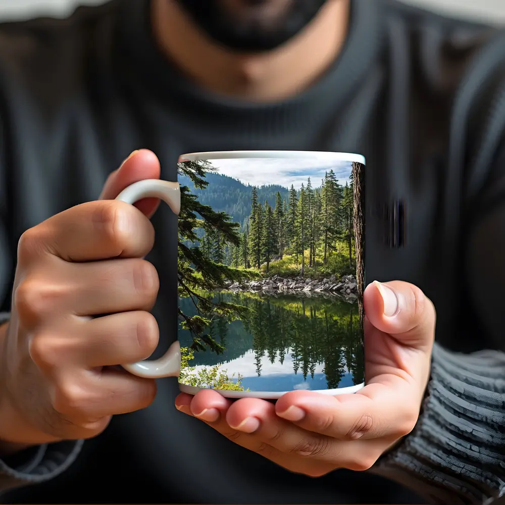 Alpine Lake Reflecting Pine Forest Mountains – Mugs