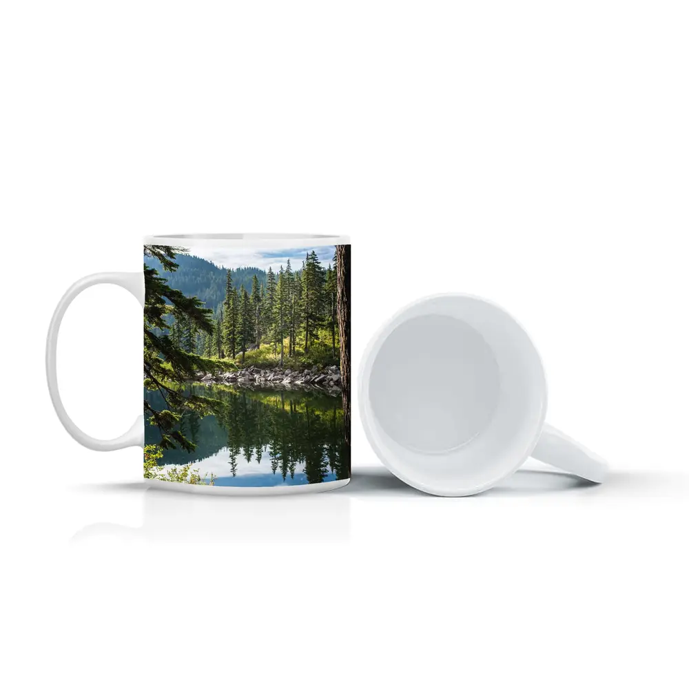 Alpine Lake Reflecting Pine Forest Mountains – Mugs