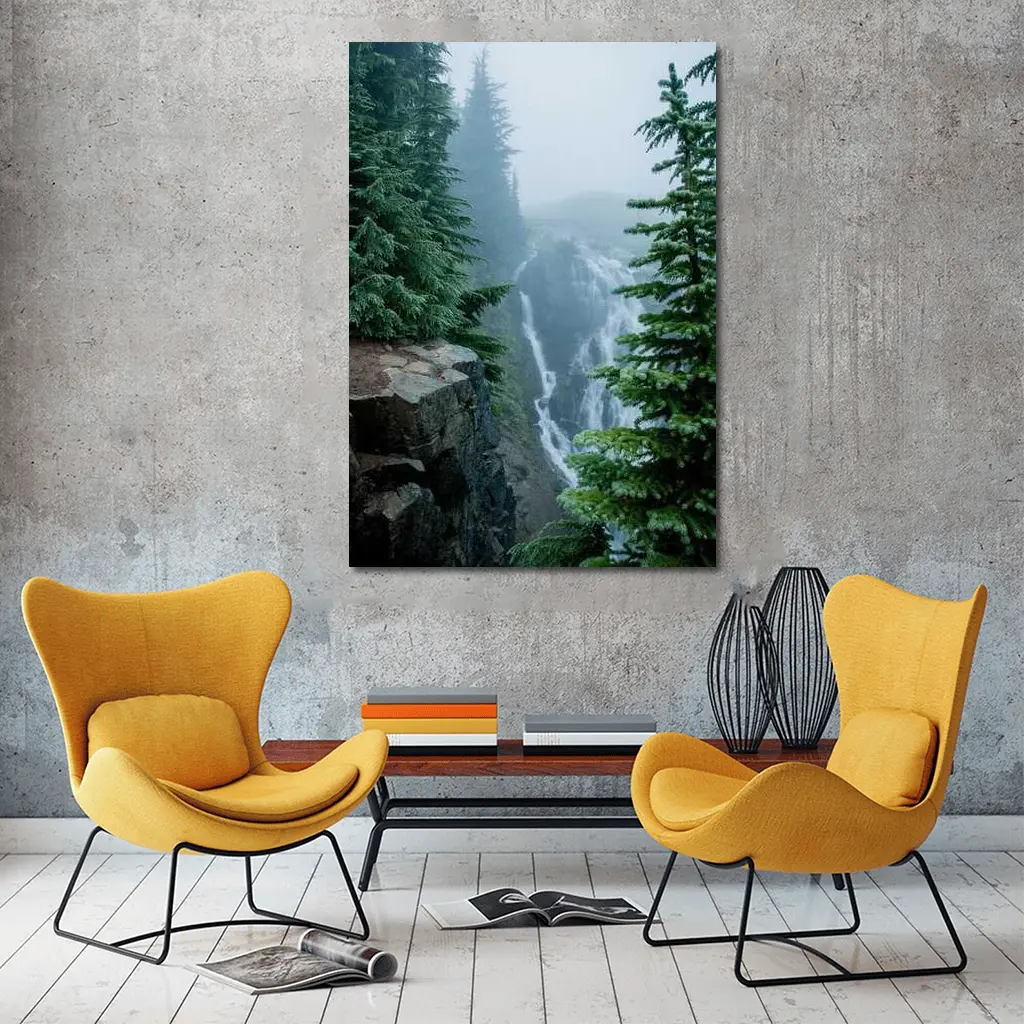Misty Waterfall Through Foggy Pine Forest – Wall Art