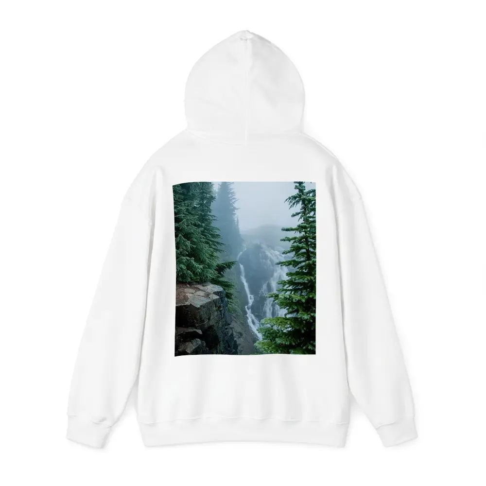Misty Waterfall Through Foggy Pine Forest – Hoodies