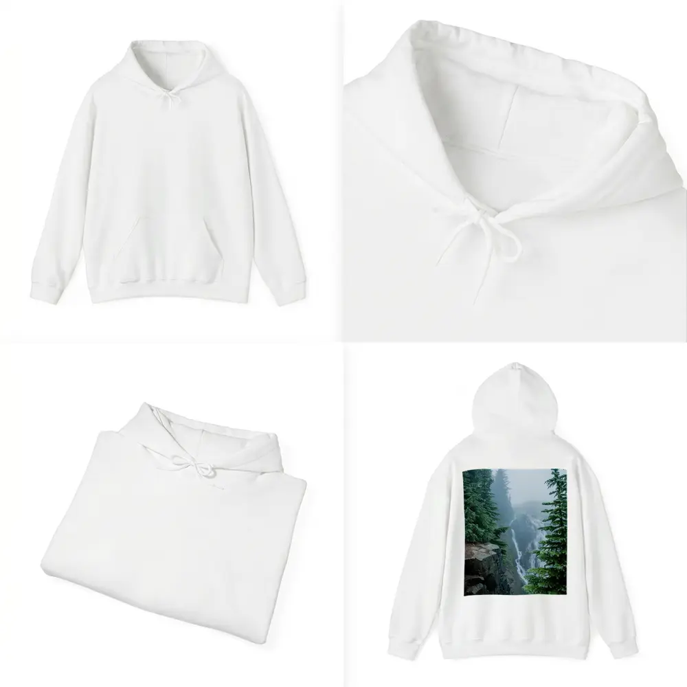 Misty Waterfall Through Foggy Pine Forest – Hoodies