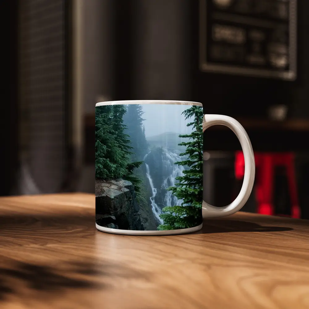 Misty Waterfall Through Foggy Pine Forest – Mugs