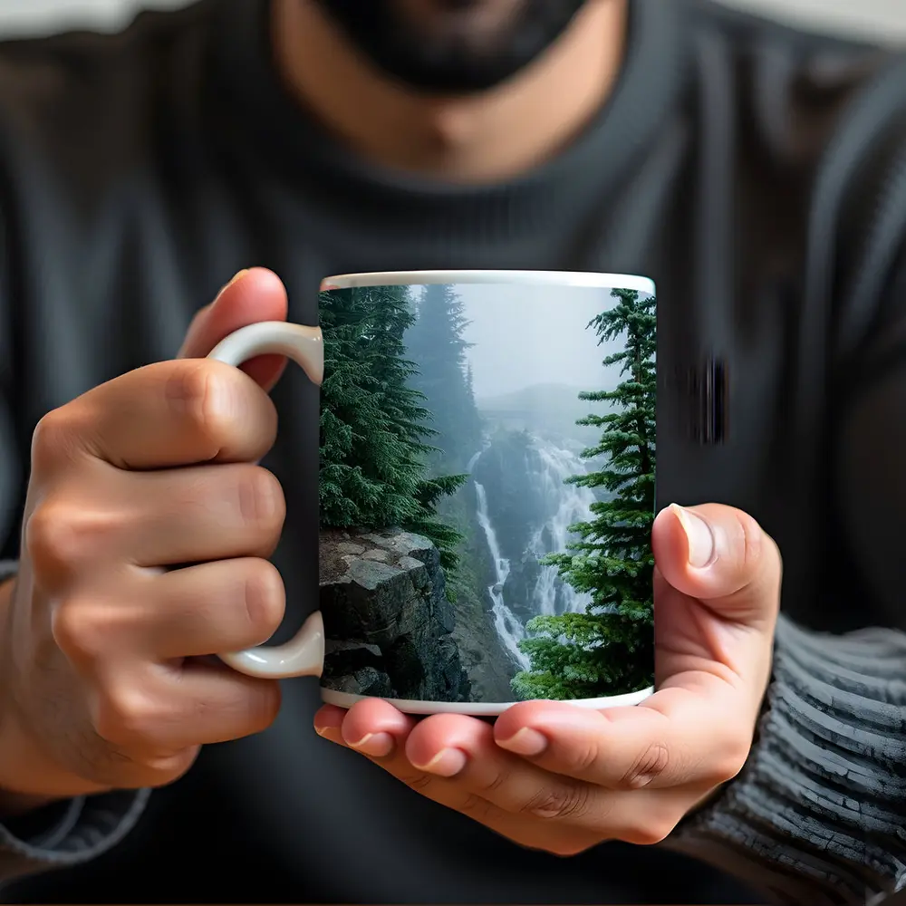 Misty Waterfall Through Foggy Pine Forest – Mugs