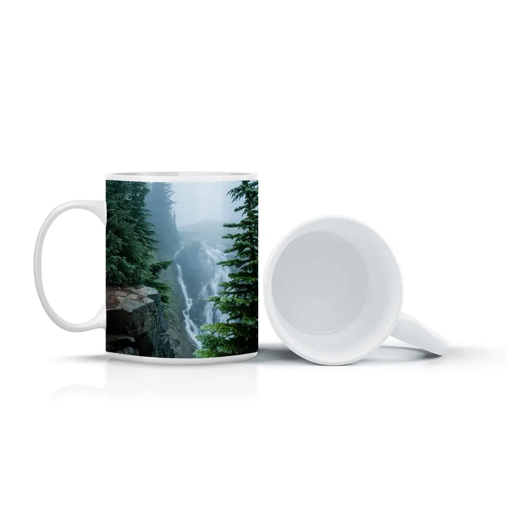 Misty Waterfall Through Foggy Pine Forest – Mugs