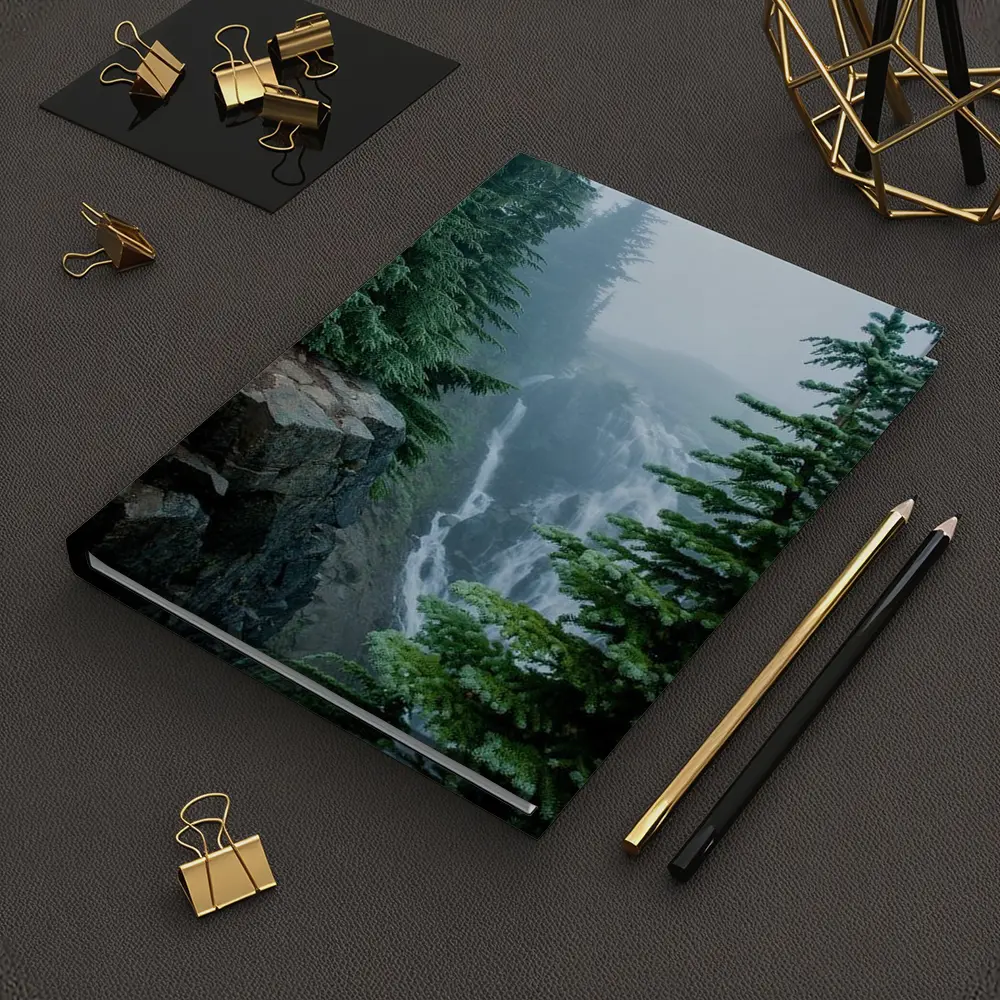 Misty Waterfall Through Foggy Pine Forest – Notebooks