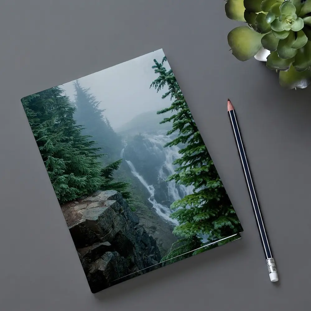 Misty Waterfall Through Foggy Pine Forest – Notebooks