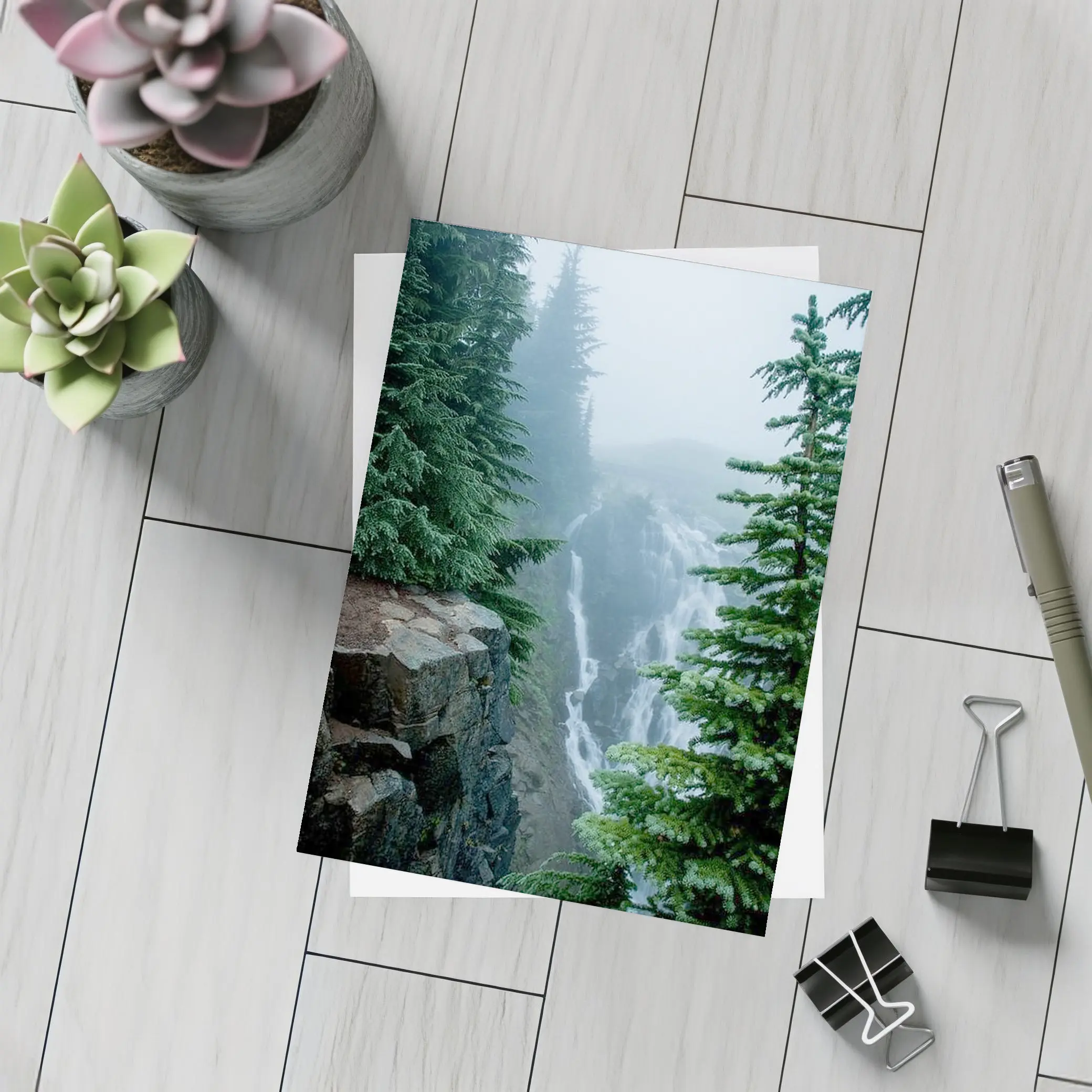 Misty Waterfall Through Foggy Pine Forest – Postcards