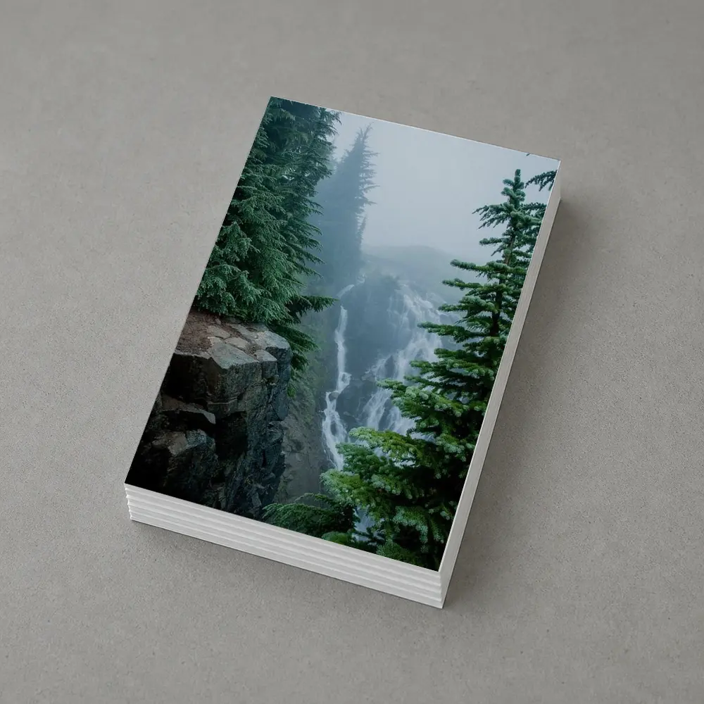 Misty Waterfall Through Foggy Pine Forest – Postcards