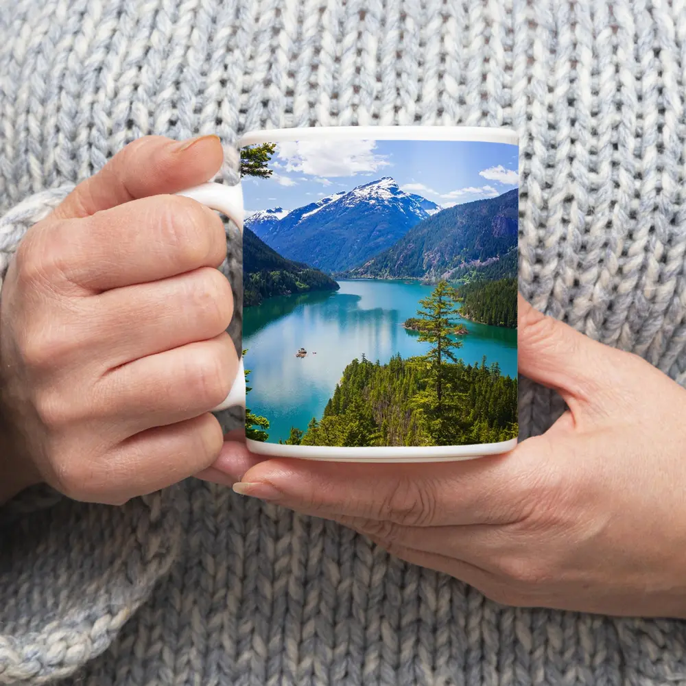 Turquoise Mountain Lake Forest Aerial View – Mugs