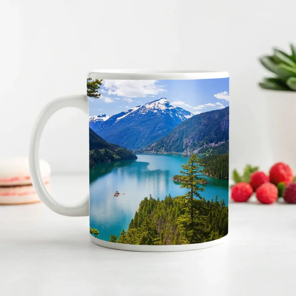 Turquoise Mountain Lake Forest Aerial View – Mugs