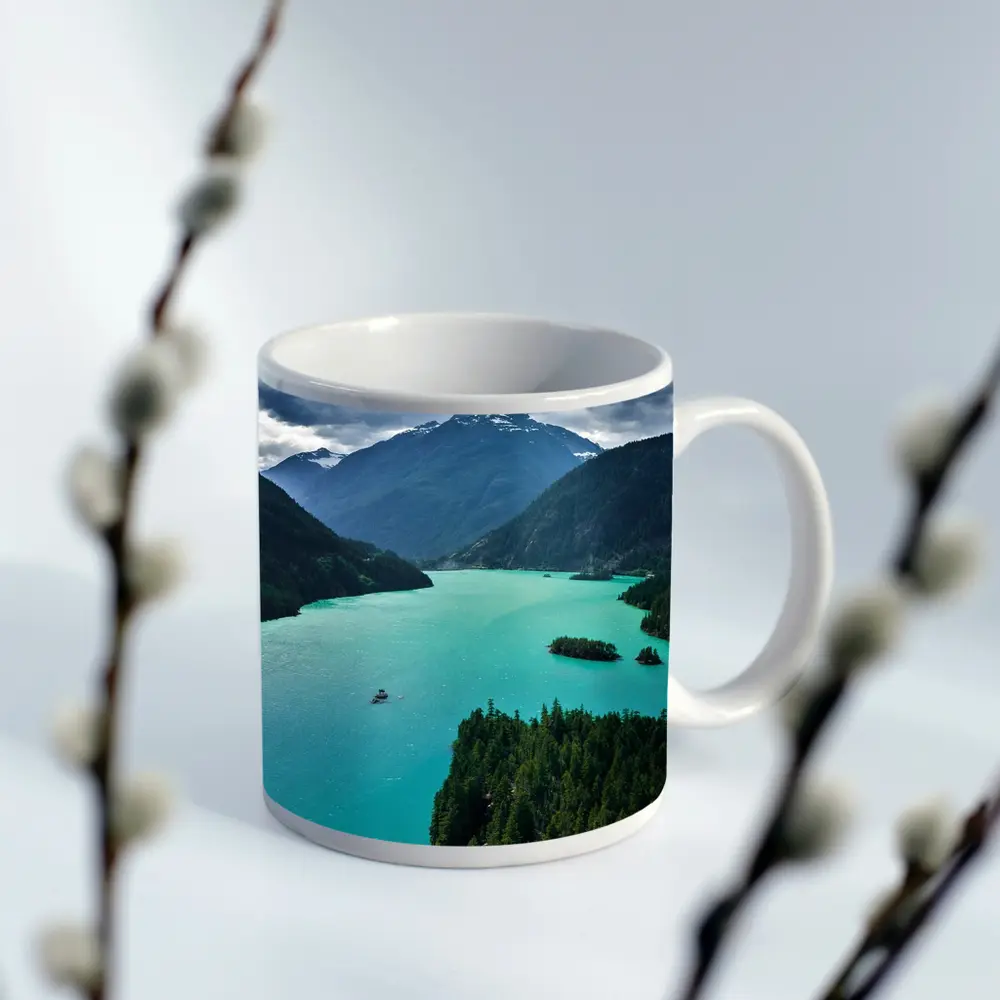 Turquoise Mountain Lake Forest Aerial View – Mugs