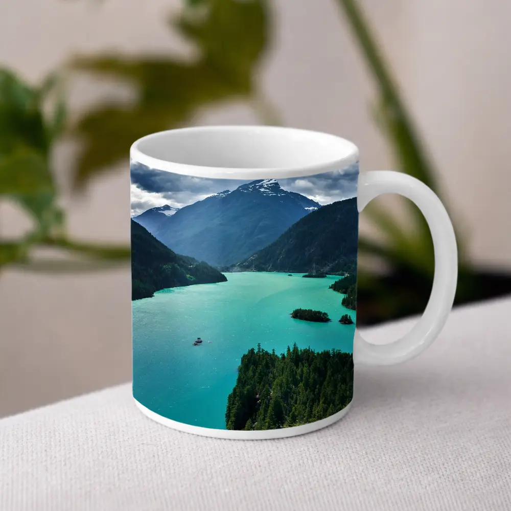 Turquoise Mountain Lake Forest Aerial View – Mugs