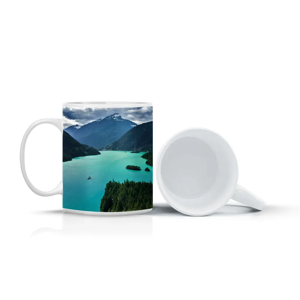 Turquoise Mountain Lake Forest Aerial View – Mugs
