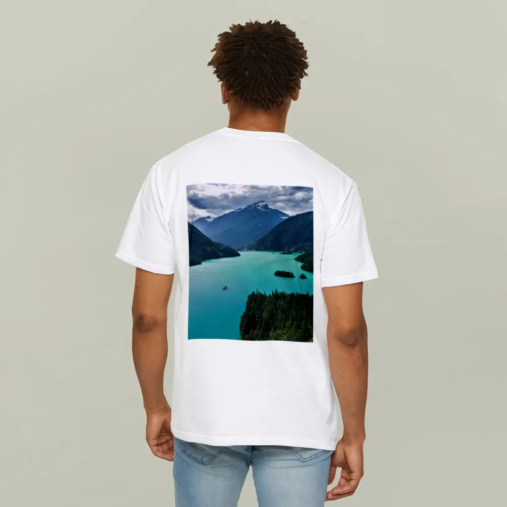 Turquoise Mountain Lake Forest Aerial View – T-Shirts