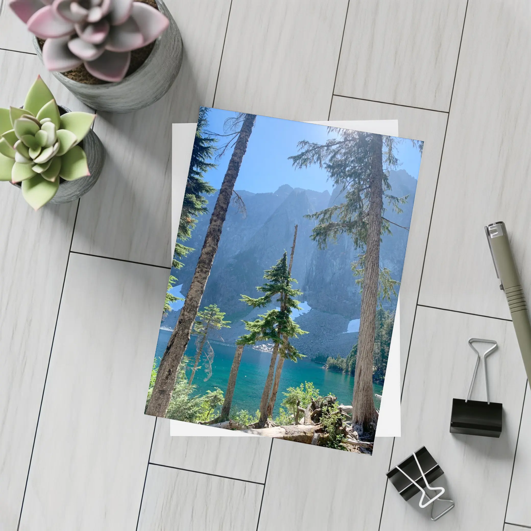 Alpine Lake Through Pine Trees Mountain – Postcards