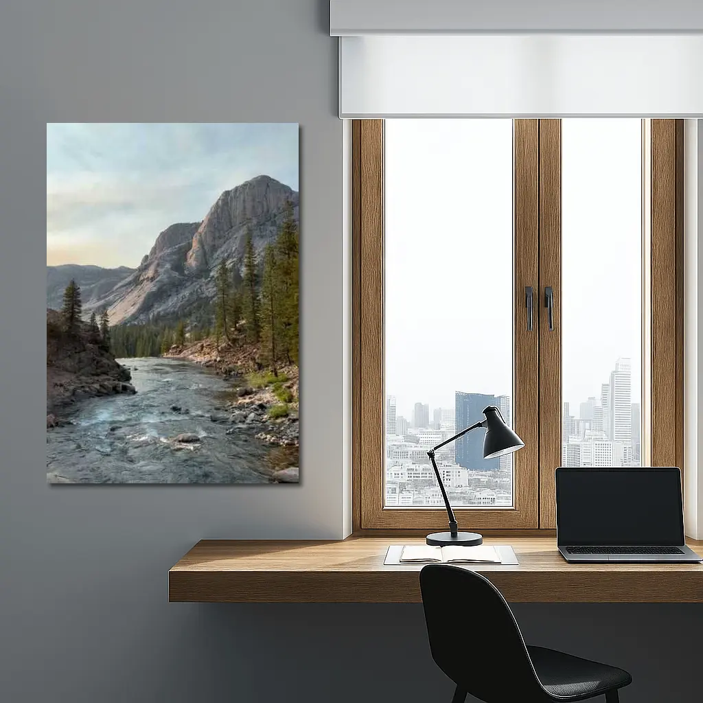 Mountain River Valley Pine Trees Landscape – Wall Art