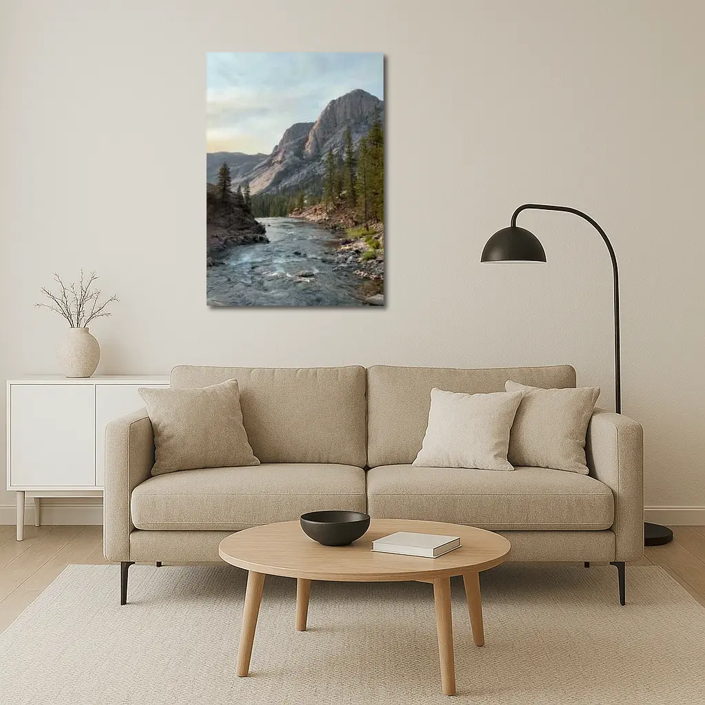 Mountain River Valley Pine Trees Landscape – Wall Art