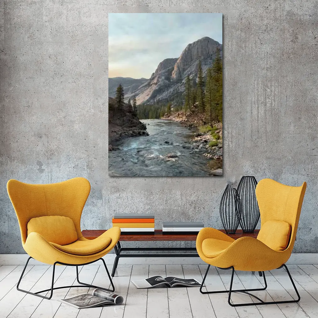 Mountain River Valley Pine Trees Landscape – Wall Art